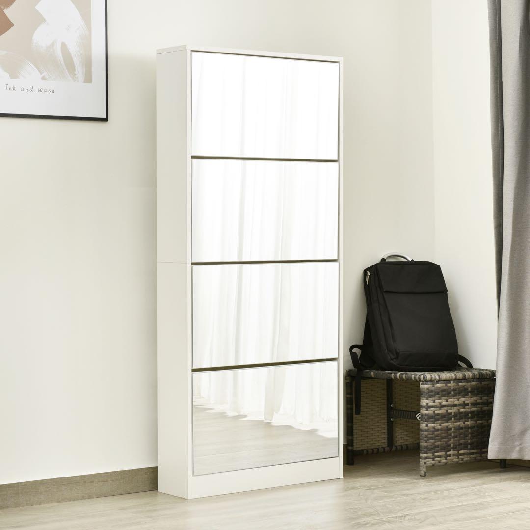 【新品】ナチュラル薄型4段シューズラック スリム 木製 鏡付き おしゃれ