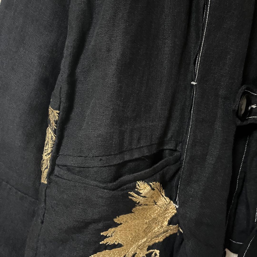 Leh レー 刺繍入り リネン ウエスタンジャケット 黒金 L
