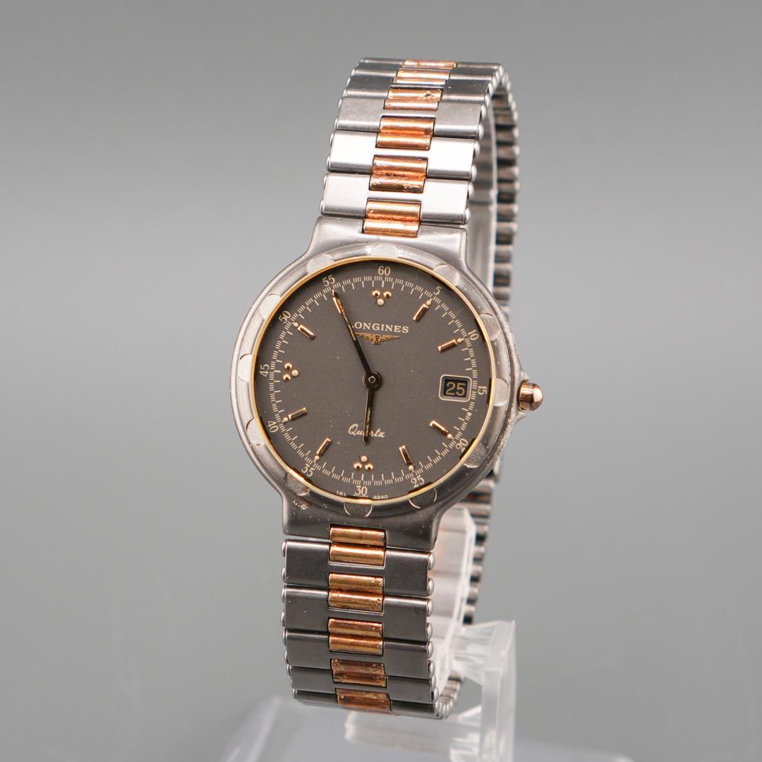 稼働 LONGINES グレー デイト ラウンド 腕時計 新品電池 クォーツ