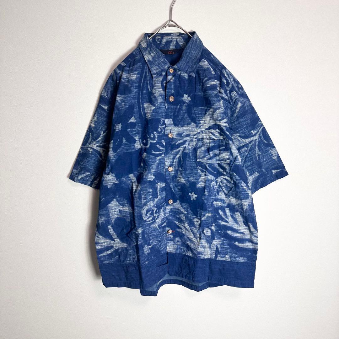 45R 半袖シャツ　XLサイズ相当 大きいサイズ　インディゴ　洗える　総柄　青