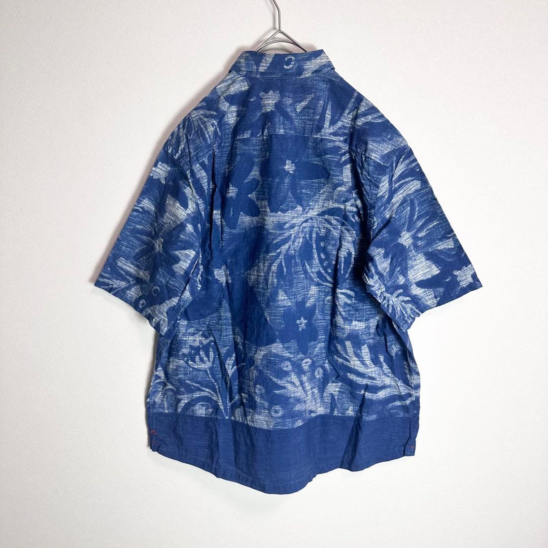 45R 半袖シャツ　XLサイズ相当 大きいサイズ　インディゴ　洗える　総柄　青