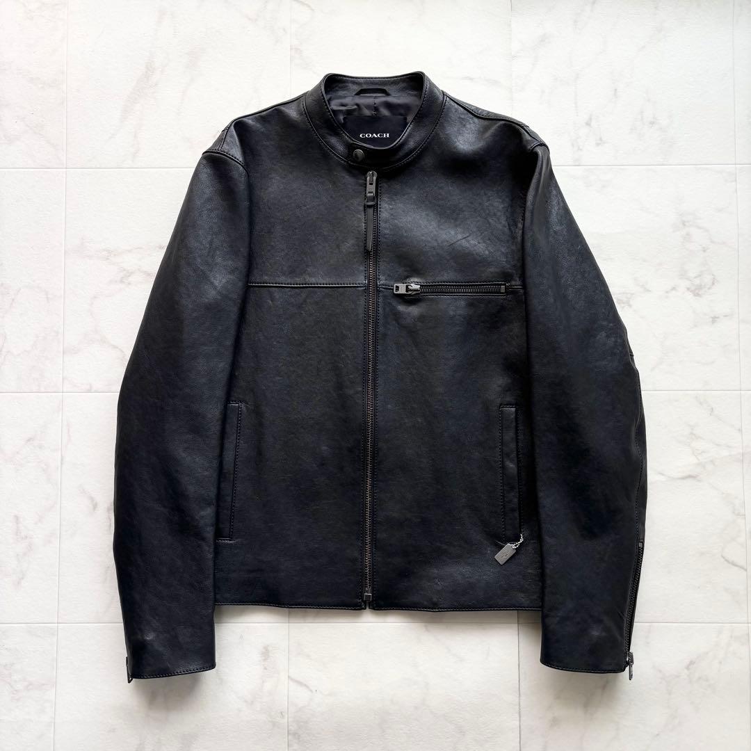 極美品 コーチ 現行 シングルライダースジャケット ラムレザー 黒 US L