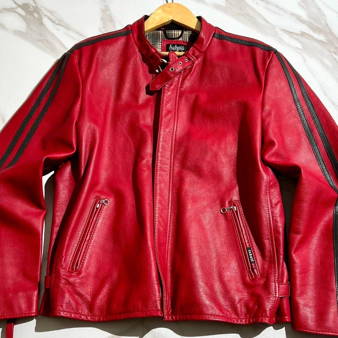 【超希少】ショット ライダースジャケット XLサイズ カウレザー チェック 赤