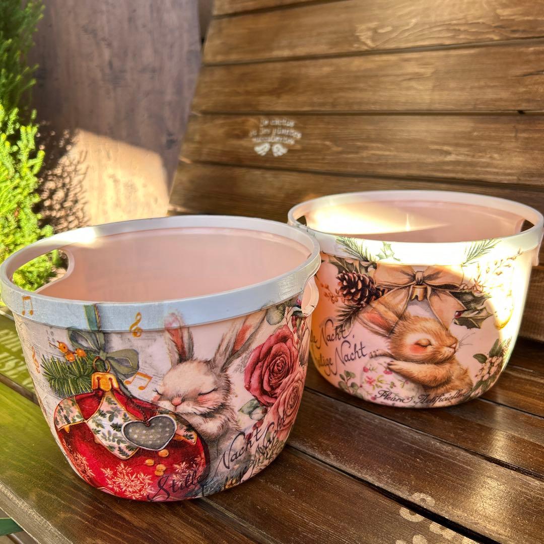 ご購入済み　リメイク　ラウンドバスケット オーナメントを抱いたうさぎさん