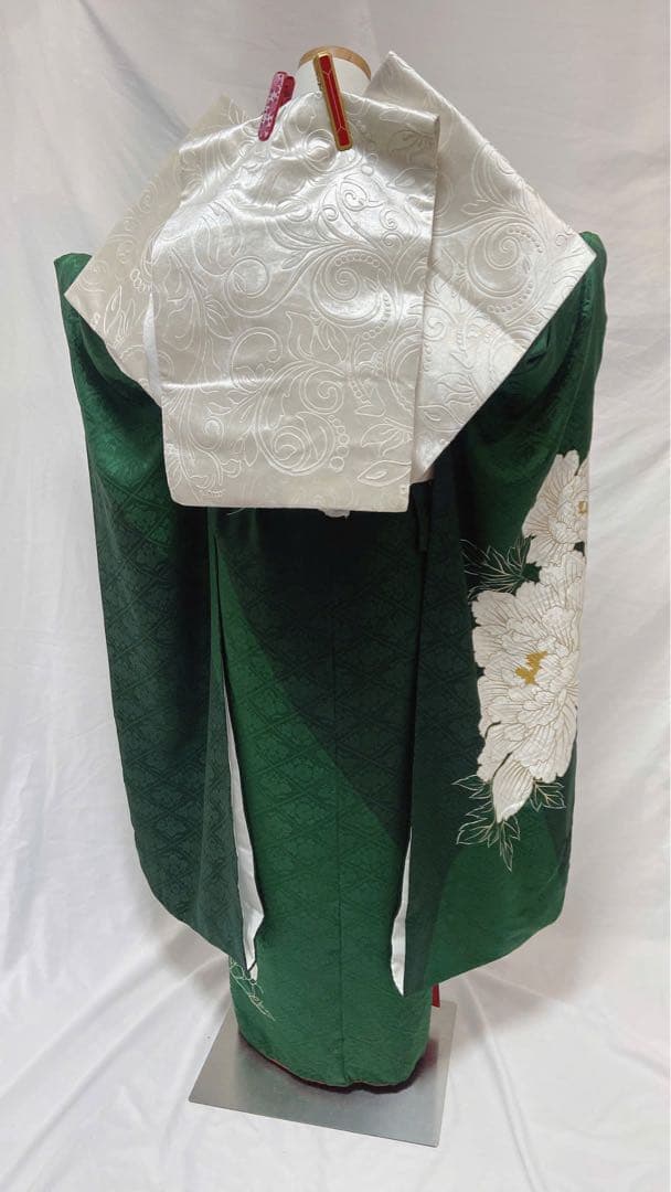 緑色の振袖 白い花刺繍 振袖 振袖フルセット 正絹 成人式　振袖6点セット K2