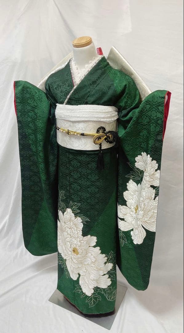 緑色の振袖 白い花刺繍 振袖 振袖フルセット 正絹 成人式　振袖6点セット K2