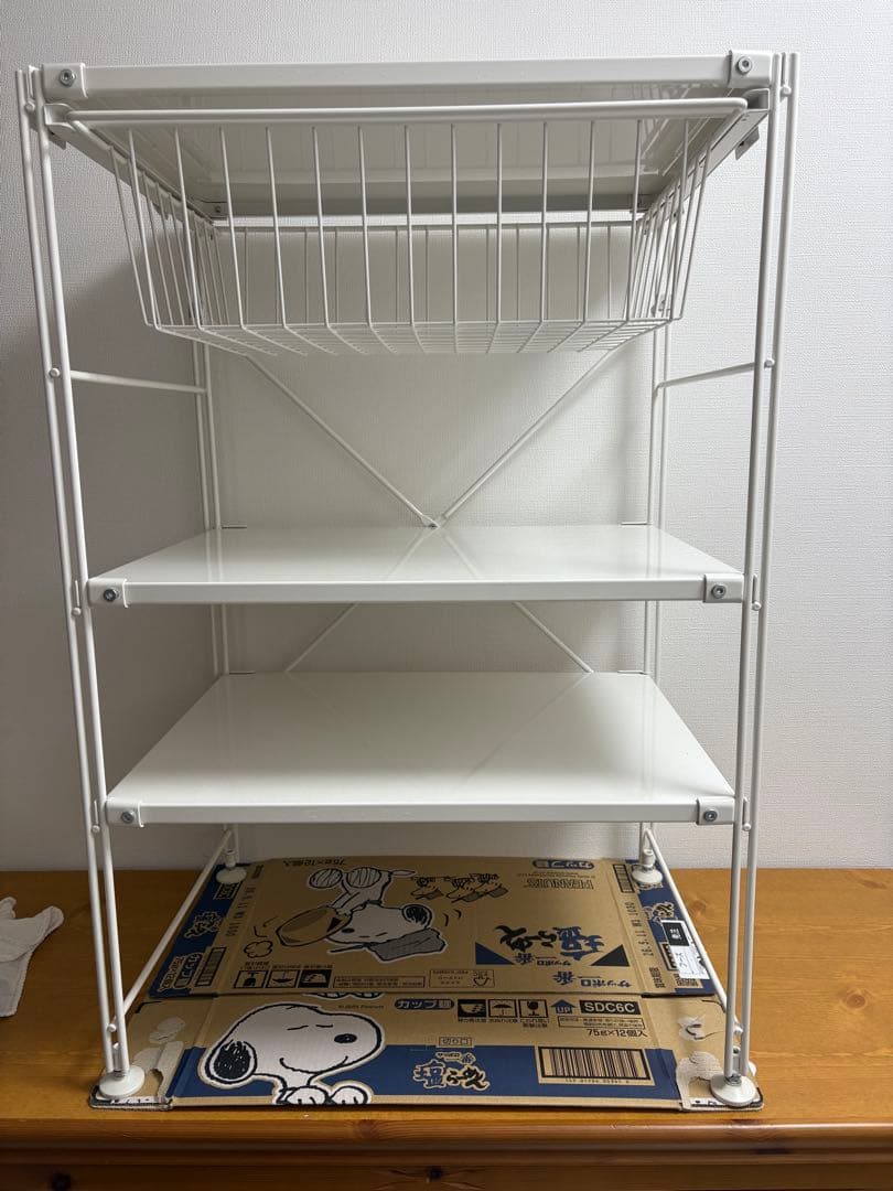 無印スチールユニットシェルフ　スチールラック　小　ライトグレー　バスケット付