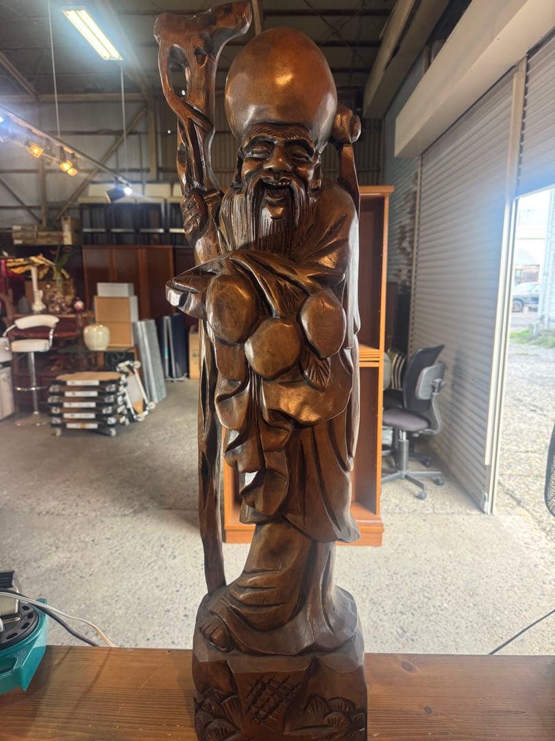 特大 木彫 寿老人 七福神 無垢材 一刀彫 置物 90cm