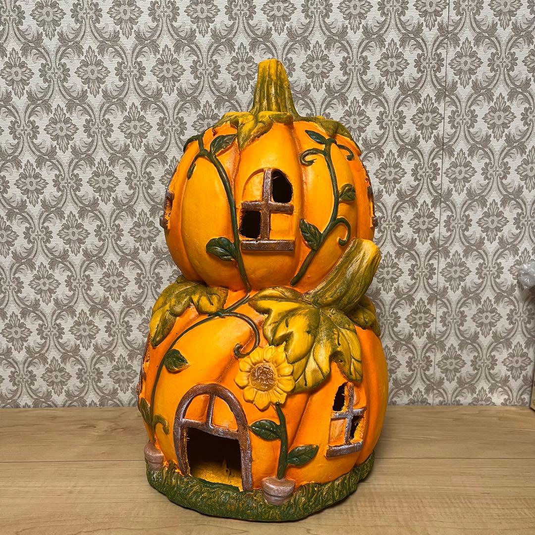 ハロウィン　パンプキン　ガーデン用　2段カボチャ　オブジェ　置物　陶器
