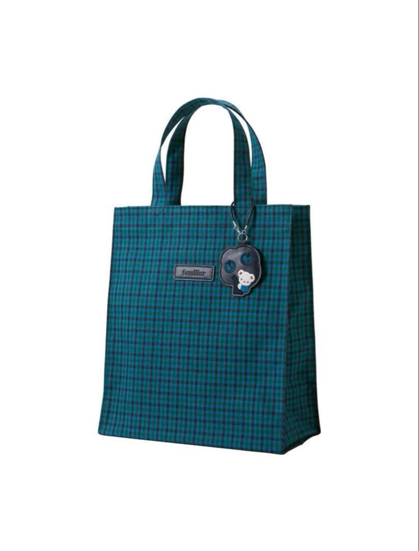 ファミリア　familiar　青チェック　バッグ　縦型トートバッグ　大