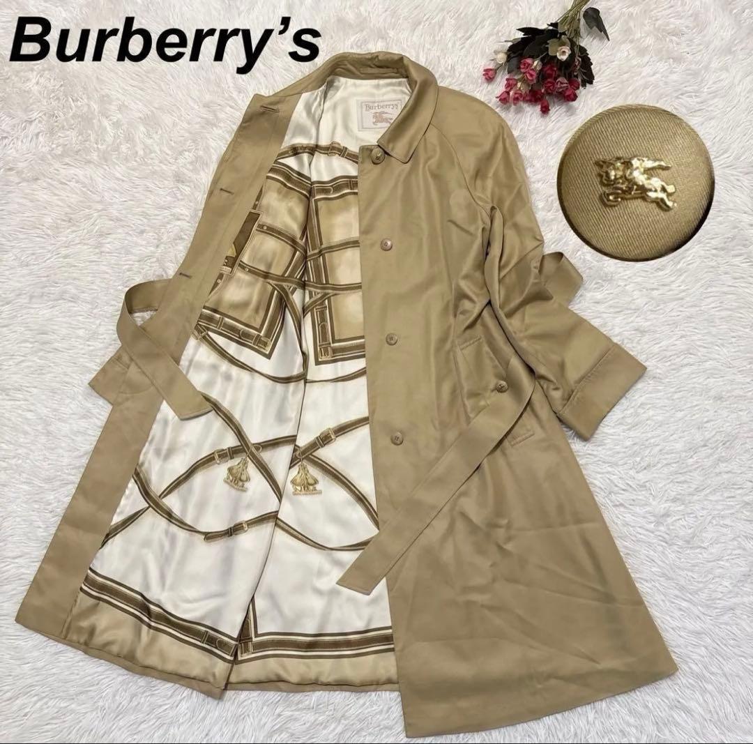 バーバリーズ シルク100% スカーフ柄 ステンカラーコート 紐ベルト付き Ｍ