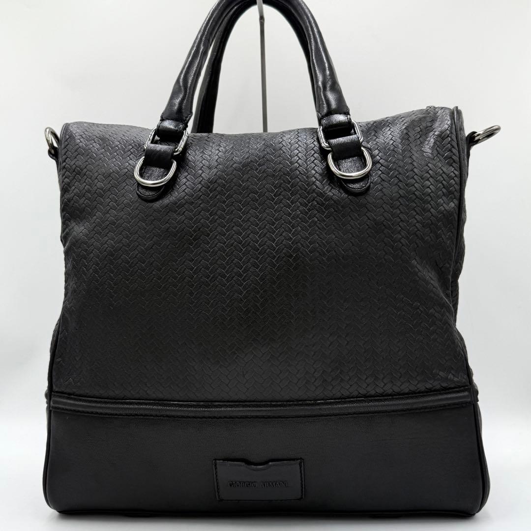 【美品】ジョルジオアルマーニ トートバッグ メッシュデザイン A4可 レザー 黒