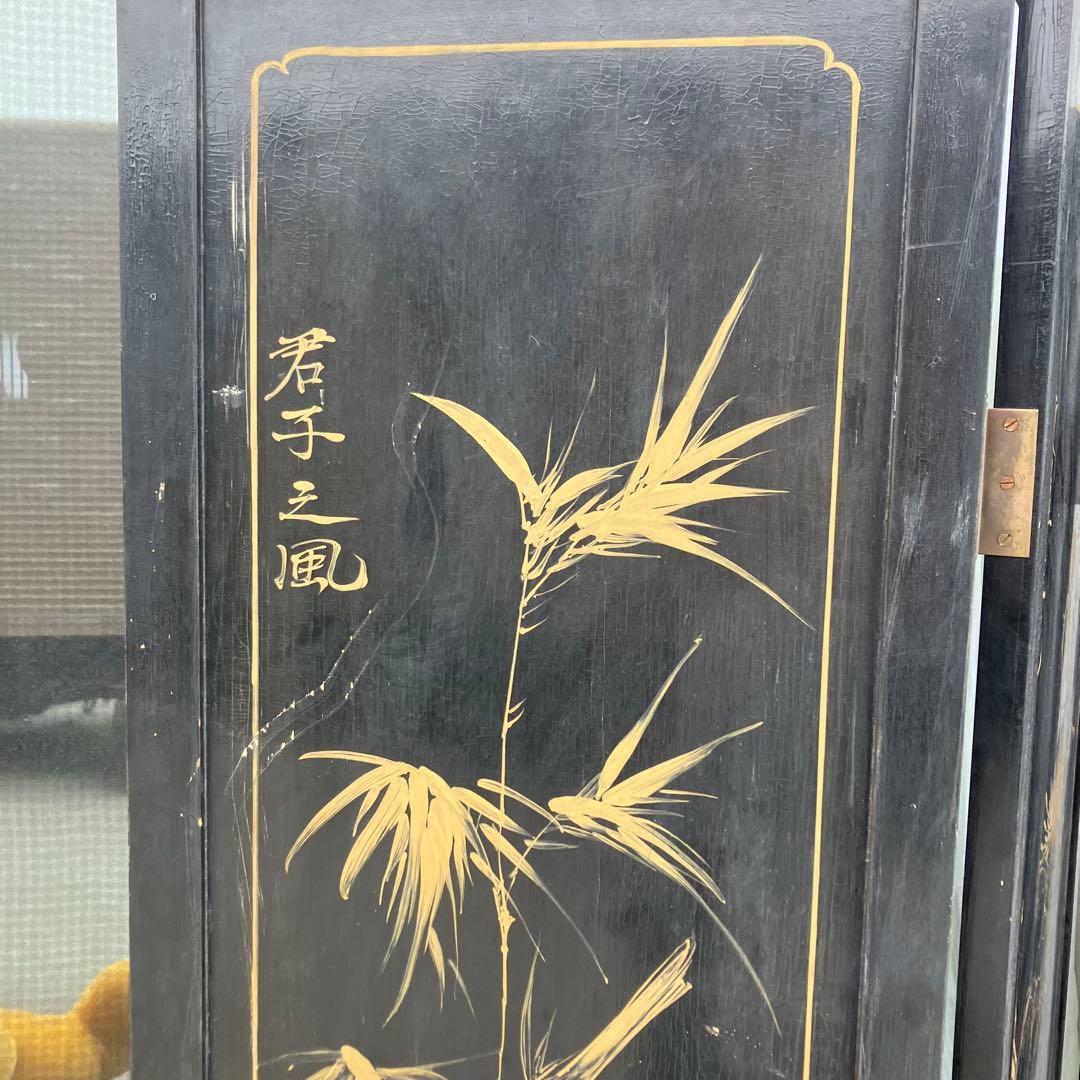 中国骨董 螺鈿細工 女性 古典画装飾彫り 木製 4連パーテーション 衝立 屏風