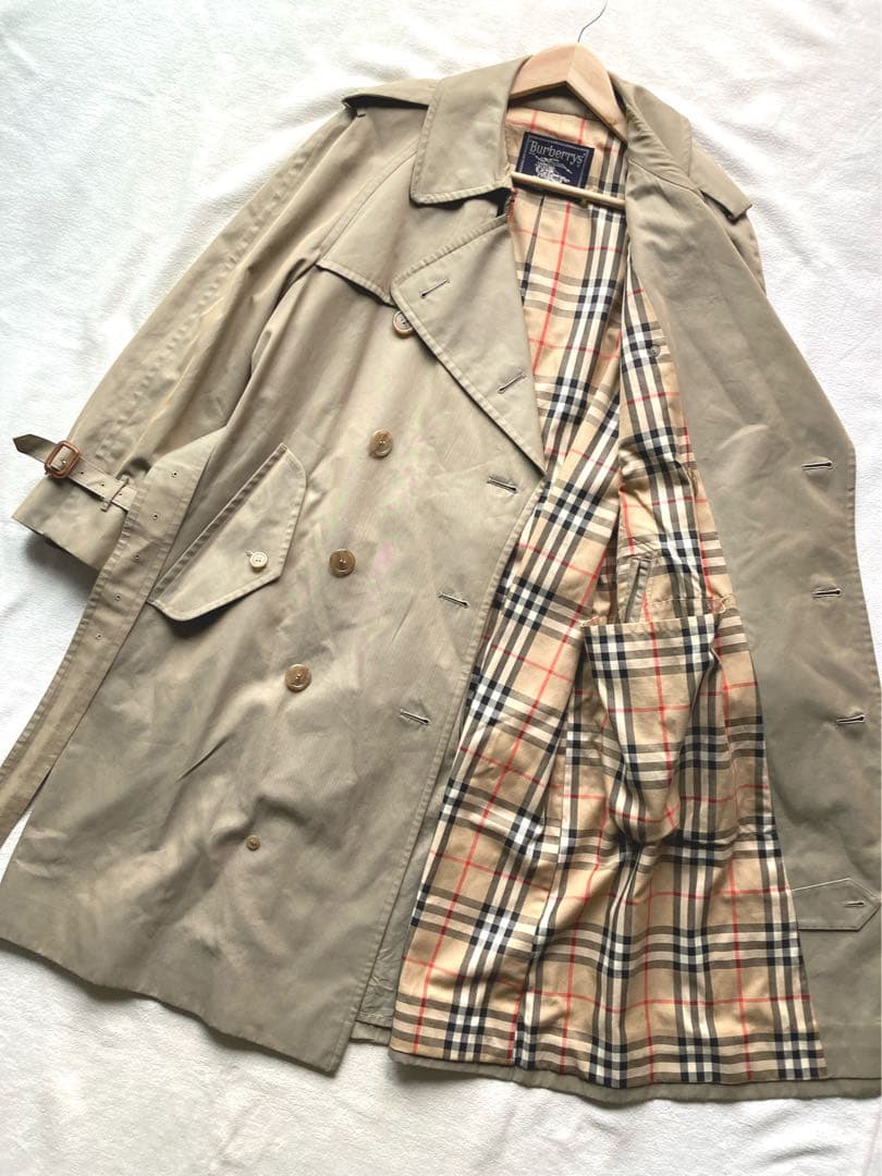 バーバリーズ　裏地　ノバチェック　ダブルトレンチコート　玉虫色　ベルト付　M