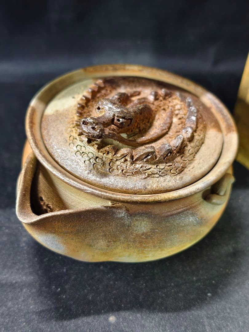 茶道具 備前焼窯変宝瓶急須 盤竜蓋 在銘 桐箱 作家物 未使用美品 火襷 蔵出し