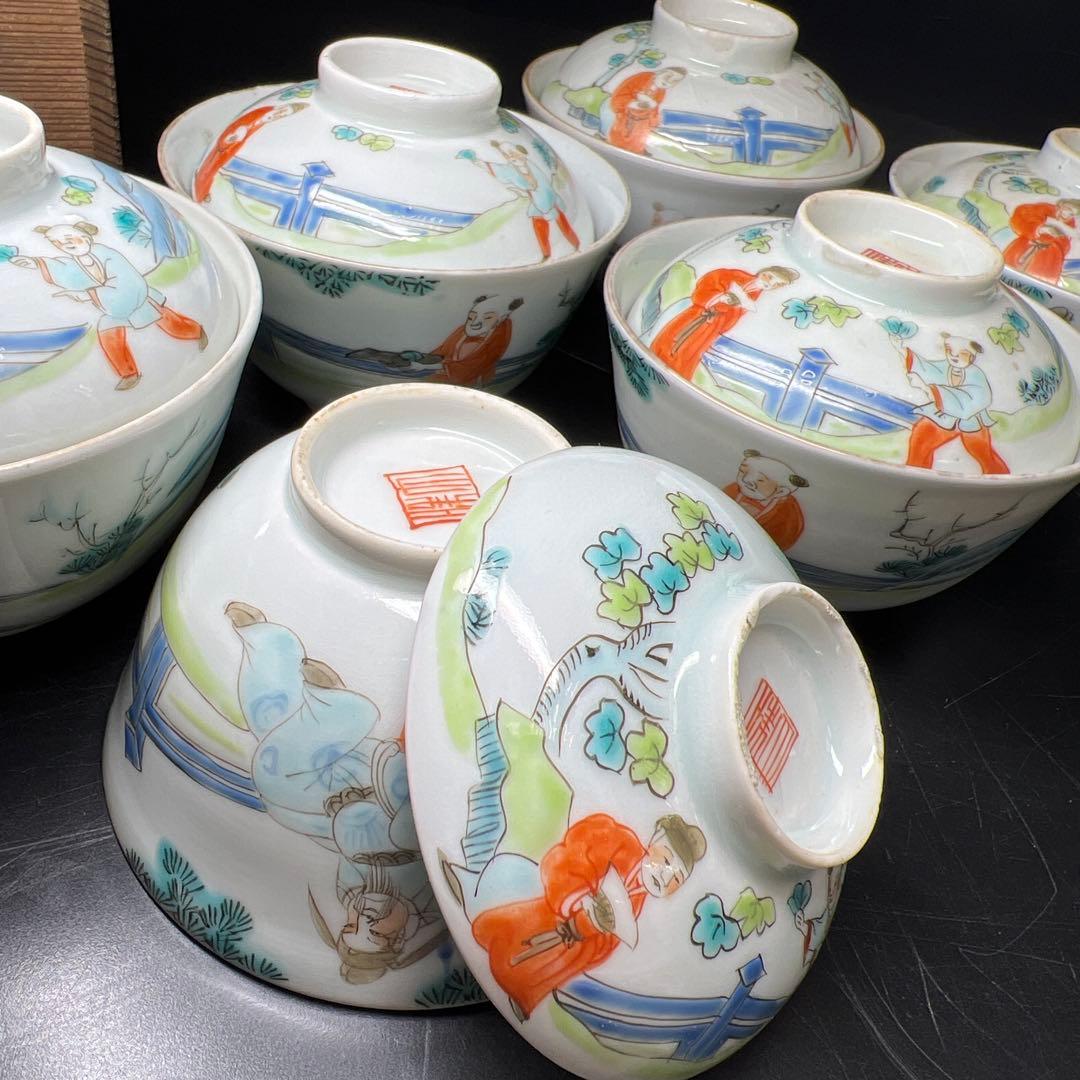 中国清時代　粉彩人物画蓋茶碗6客　木箱付　東Y8-0206☆2Fトコサ