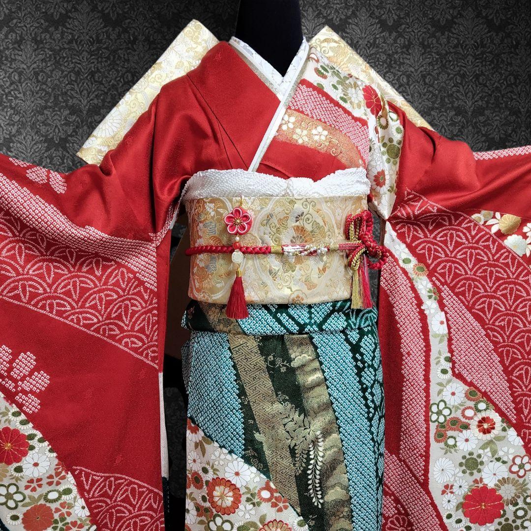 ☆とまとまと☆振袖フルセット(8点)・絞り・古典柄・吉翔文様・金駒刺繍