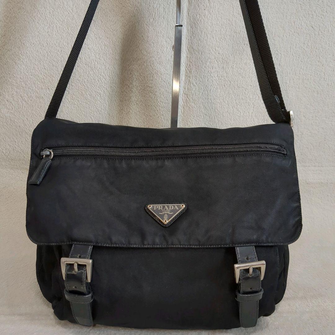 PRADA メッセンジャーバッグ ブラック 三角ロゴ レザー テスートナイロン