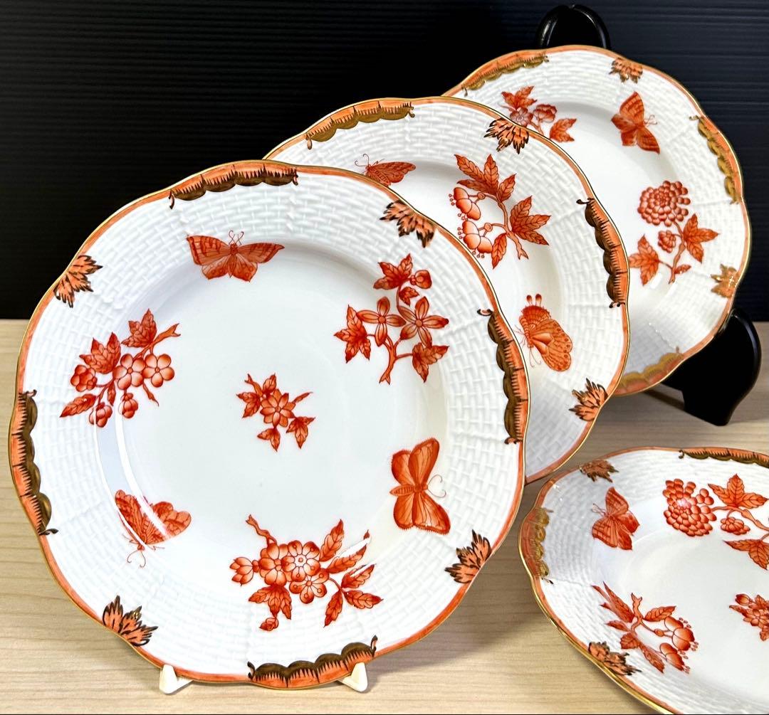 ヘレンド　ヴィクトリアオレンジ　プレート シノワズリ　4枚　※未使用保管品