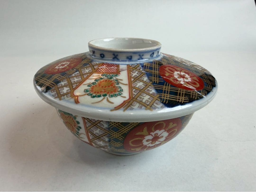 有田焼き　古伊万里　赤茶碗　蓋付き　色絵　5つ　NO.04