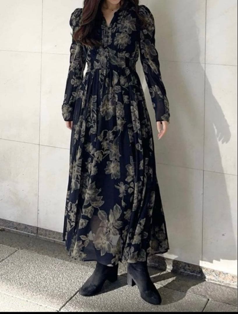 coco deal フロッキーフラワーワンピース　ブラック