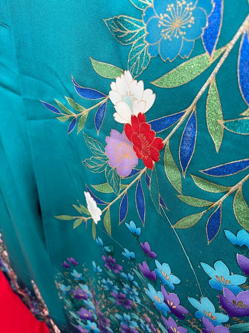 中古　※B品　振袖　仕立て上がり　グリーン　緑　色ヤケあり　B14