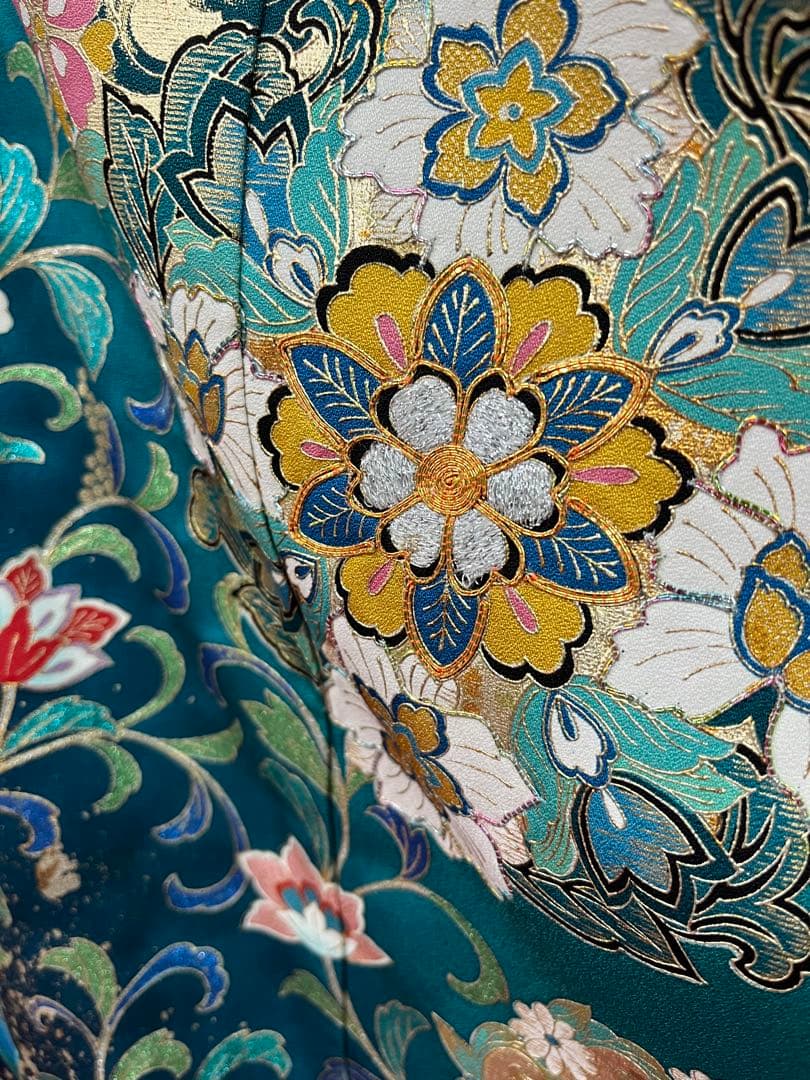 中古　※B品　振袖　仕立て上がり　グリーン　緑　色ヤケあり　B14