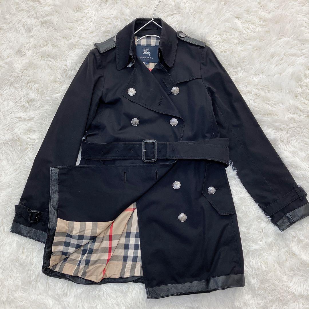 美品　バーバリーロンドン　ダブル　トレンチコート　メガチェック　レザー　ブラック
