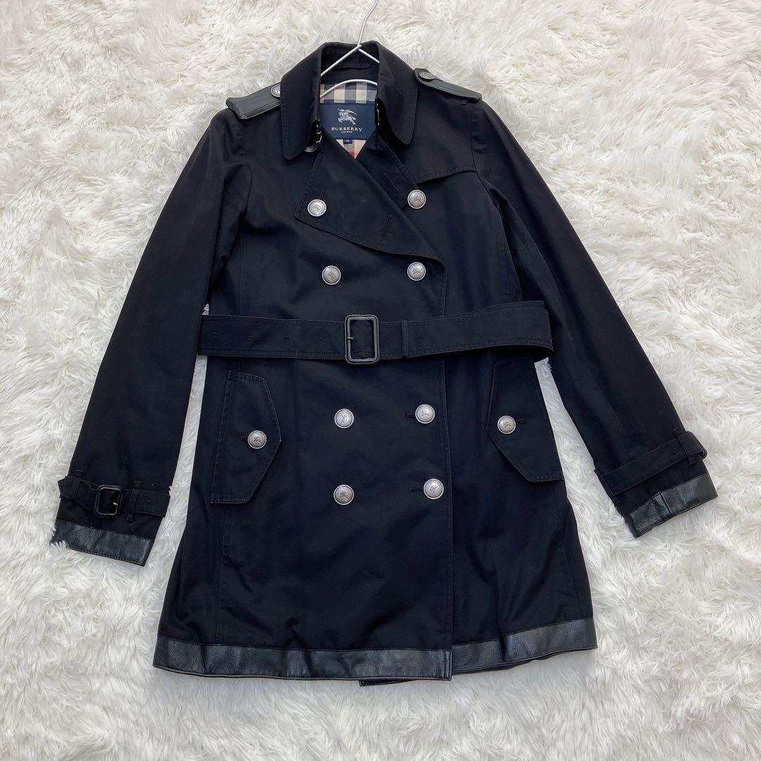 美品　バーバリーロンドン　ダブル　トレンチコート　メガチェック　レザー　ブラック
