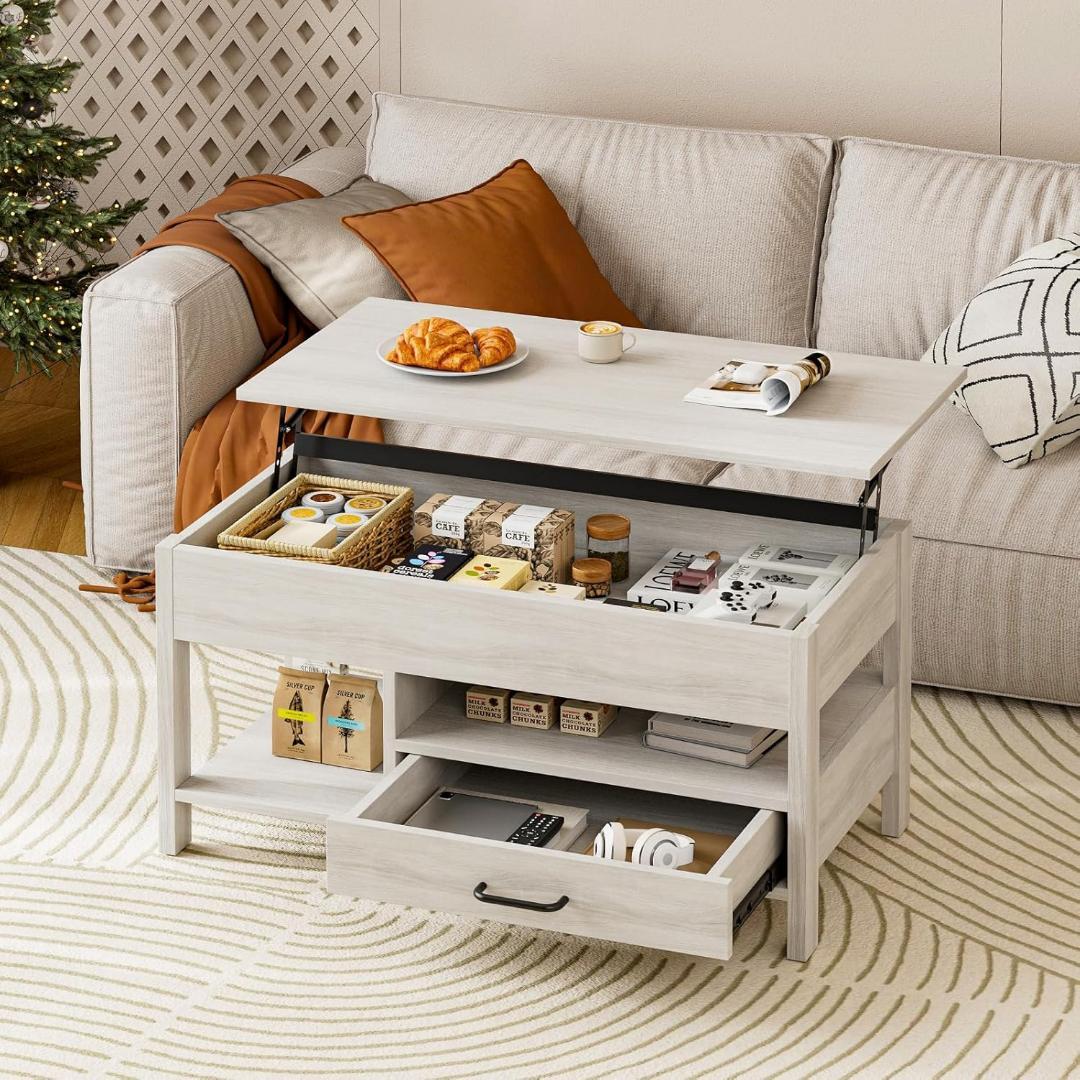 昇降式ローテーブル 木製 コーヒーテーブル 引き出し付き在宅勤務 一人暮らし