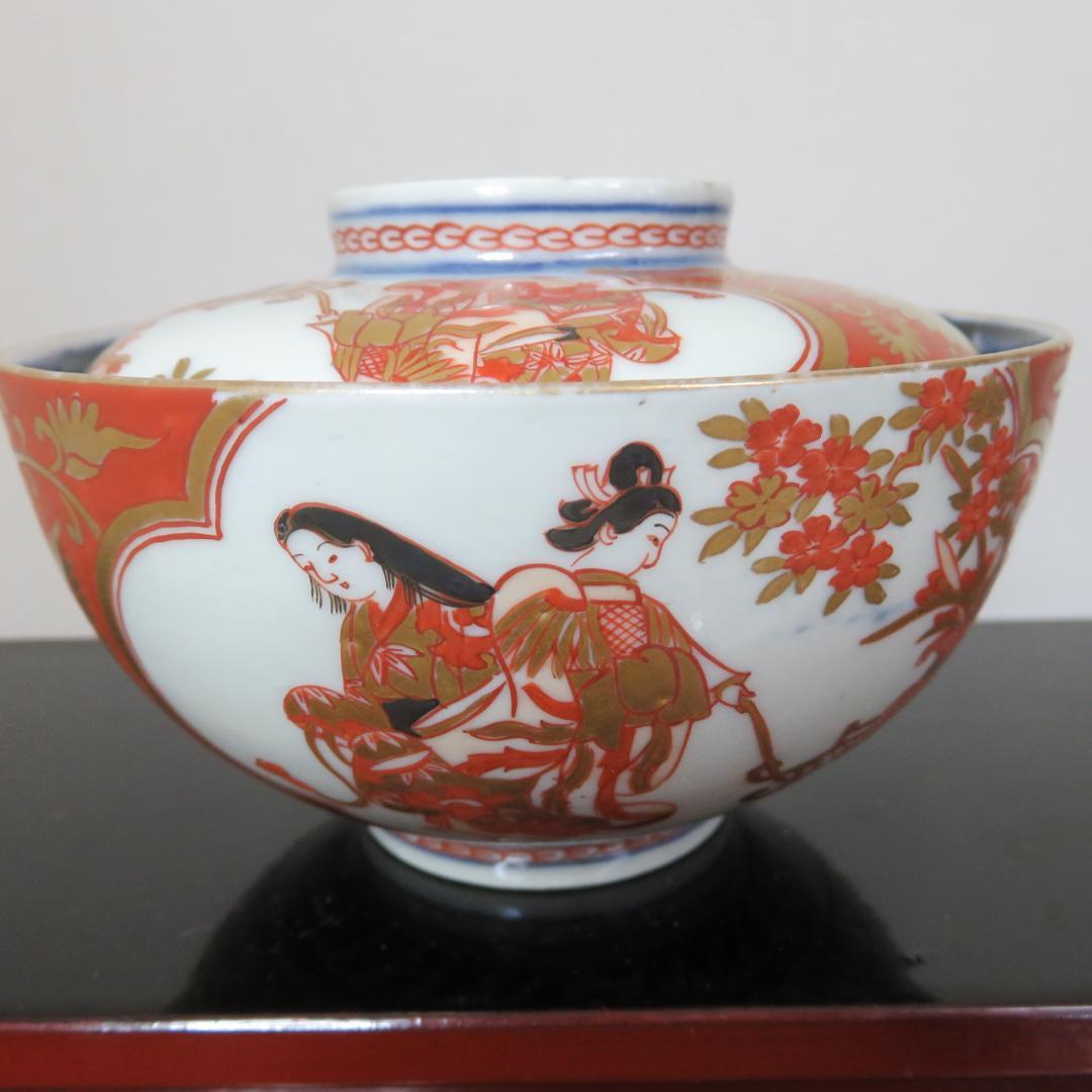 蓋付茶碗 2客 ペア 美品 人物 赤絵 金彩 窯傷 その2