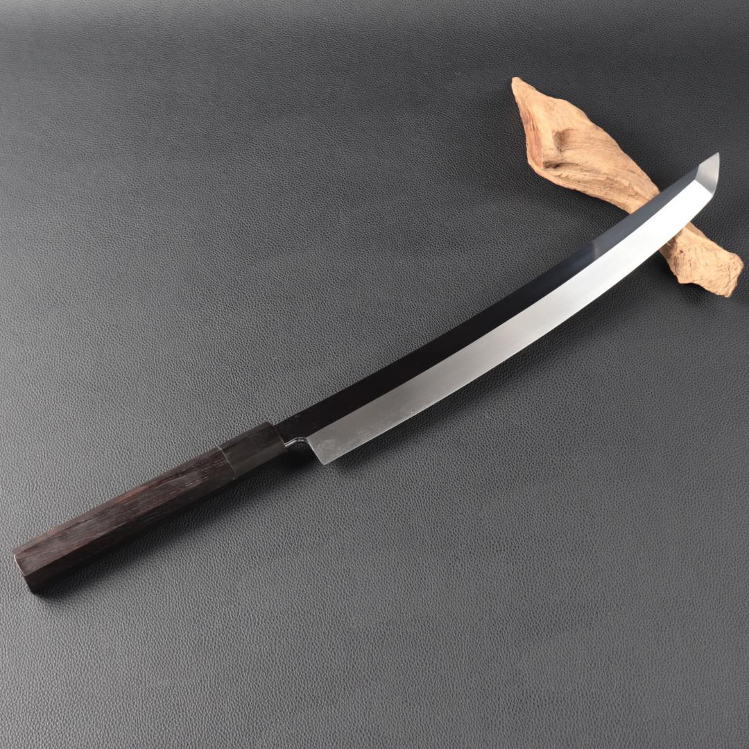 10968鬼反り先丸包丁尺二鏡面仕上げ刺身包丁 刃は究極の切れ味黒檀黒水牛八角柄