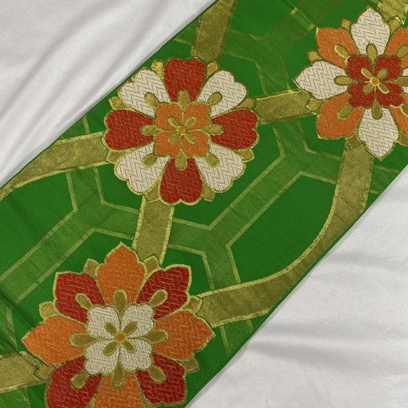 503ag58◎川島織物 十三参り 六通袋帯 ハーフ成人式 亀甲唐花 緑◎