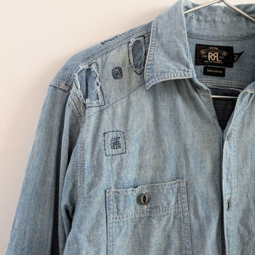 【希少】ダブルアールエル RRL カスタムシャンブレーシャツ　ダメージ デニム