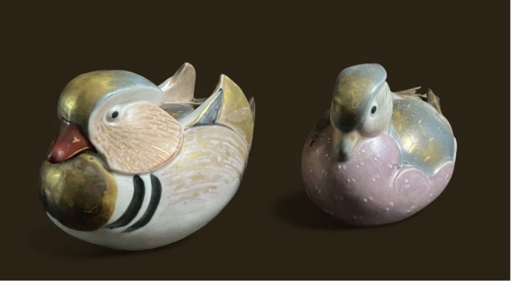 人気作家　沐向作　彩釉　オシドリ　鴛鴦　置物　　共箱　在銘品