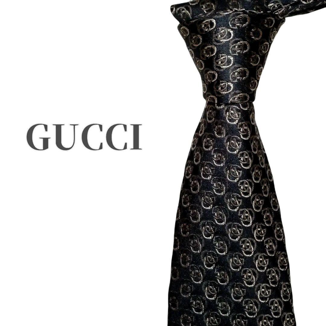 良品　GUCCI　ネクタイ　G総柄　シルク　ブラック