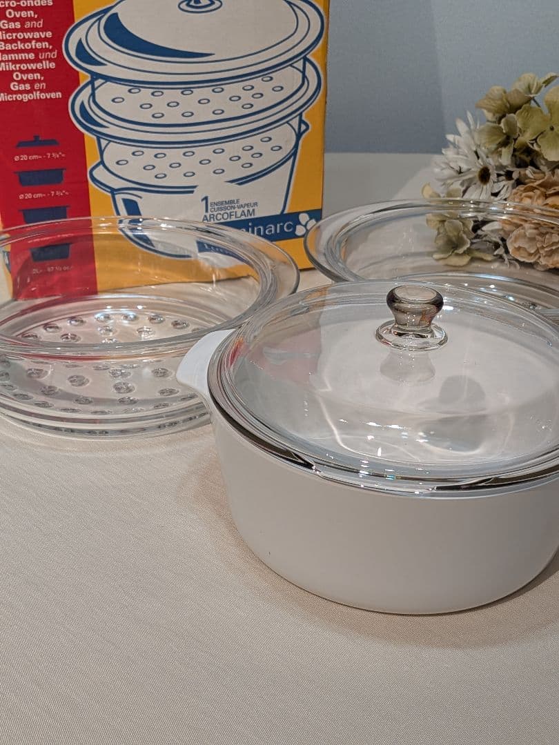 リュミナルク　蒸し器　ガラス　未使用　綺麗　鍋　ホワイト　せいろ　説明書付き