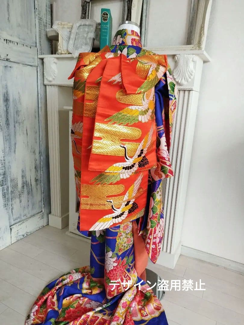 オレンジに飛翔鶴のだらりの帯☆作り帯