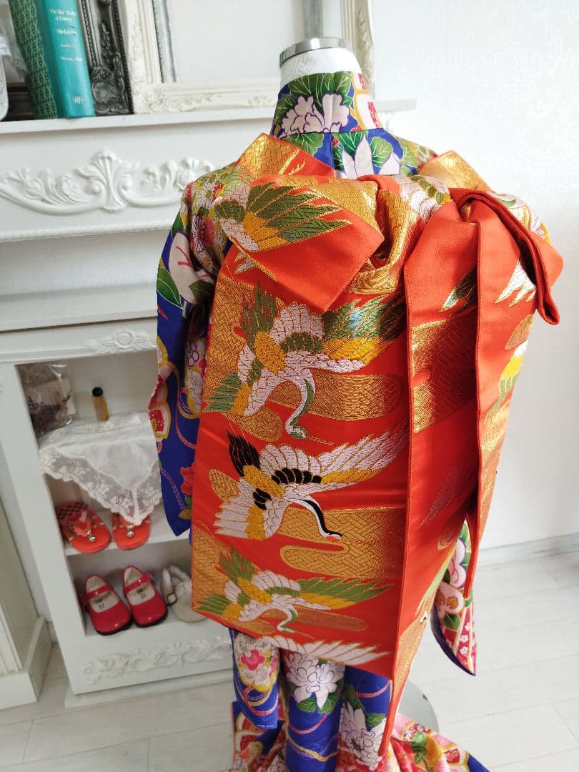 オレンジに飛翔鶴のだらりの帯☆作り帯