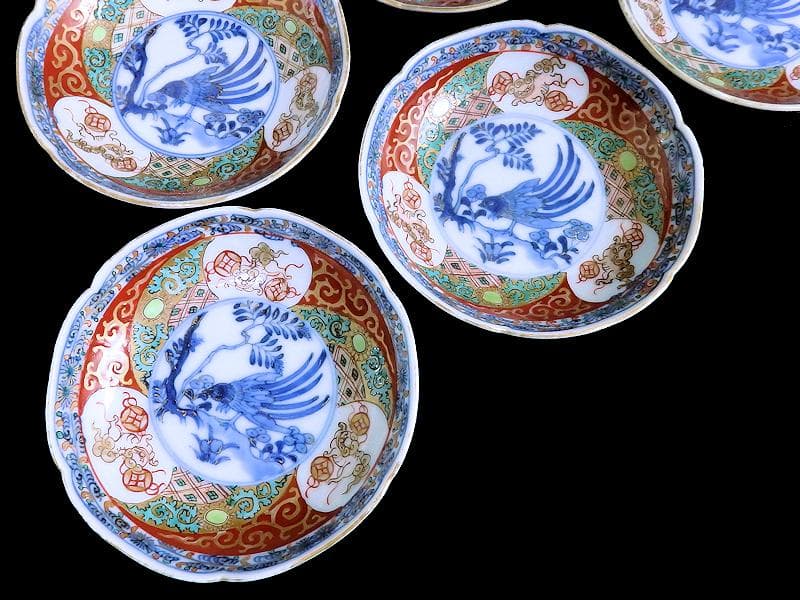 古伊万里　金襴手　玉乗り獅子に鳥の図　３寸半皿　５枚　066AS-CIf