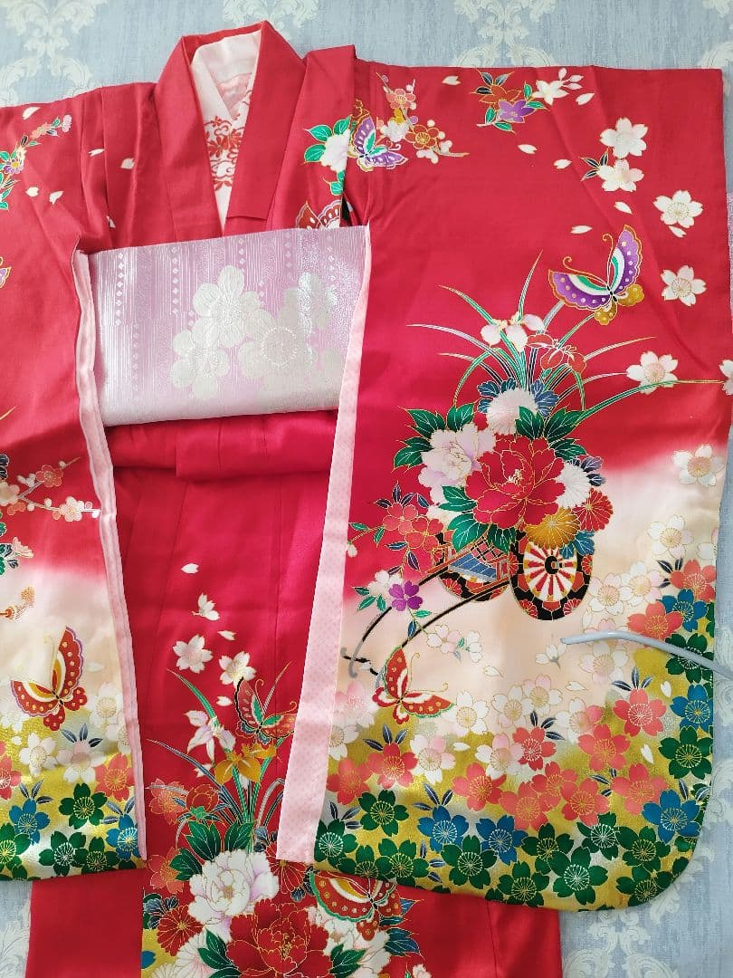 桜柄 7歳着物 七五三祝い着【美品・正絹】つくり帯セット