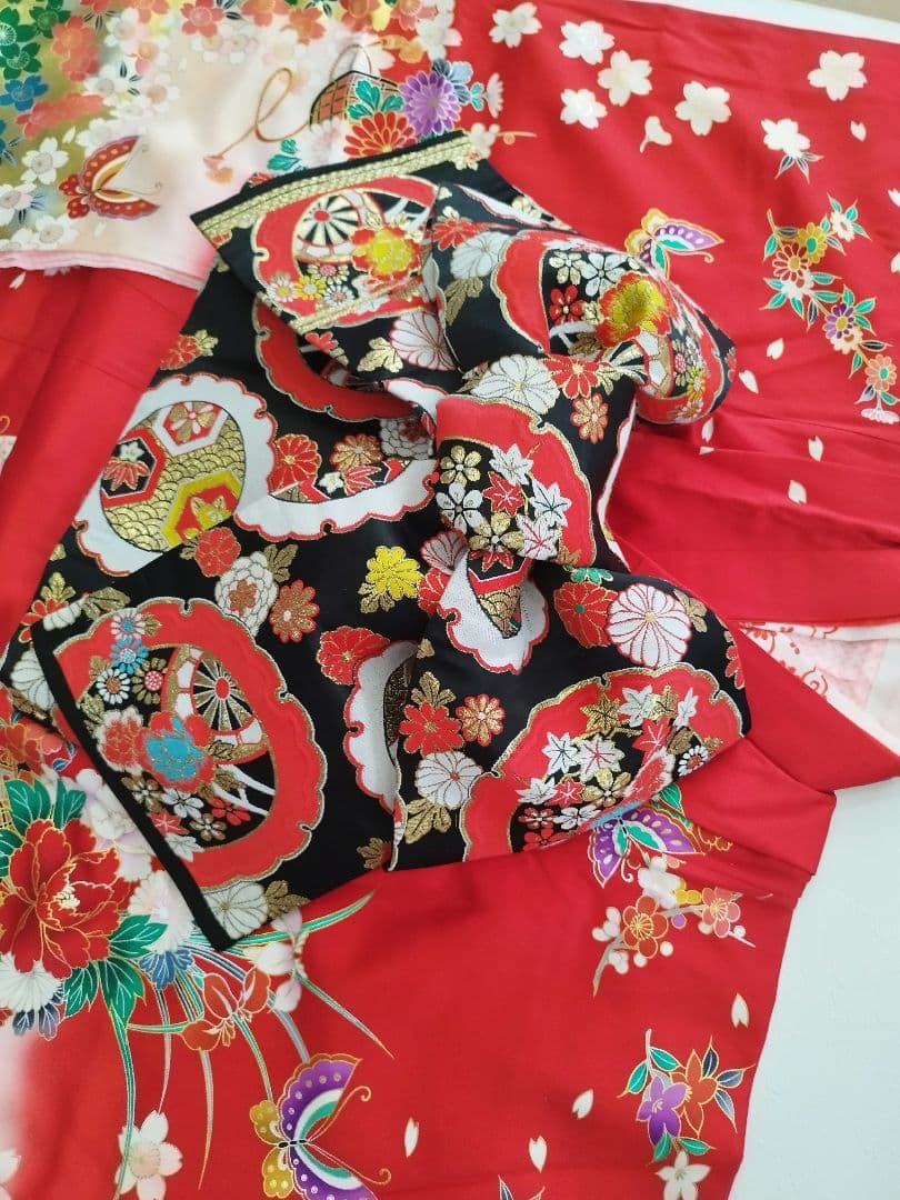 桜柄 7歳着物 七五三祝い着【美品・正絹】つくり帯セット