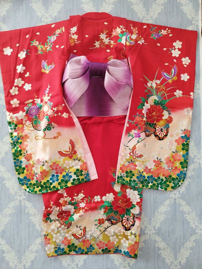 桜柄 7歳着物 七五三祝い着【美品・正絹】つくり帯セット