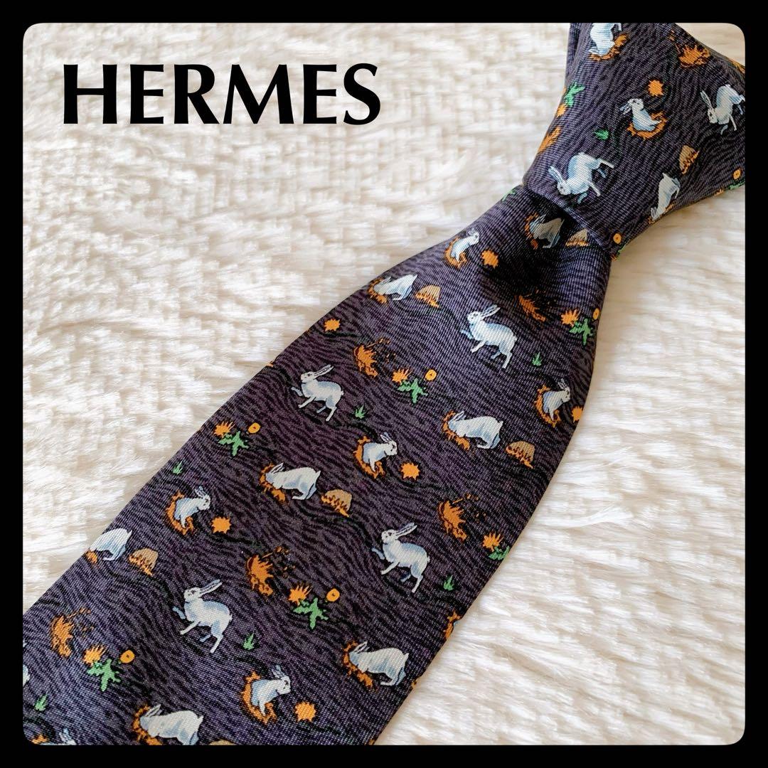 ✨美品✨HERMES エルメス うさぎ柄 動物 ネクタイ ブルー アニマル