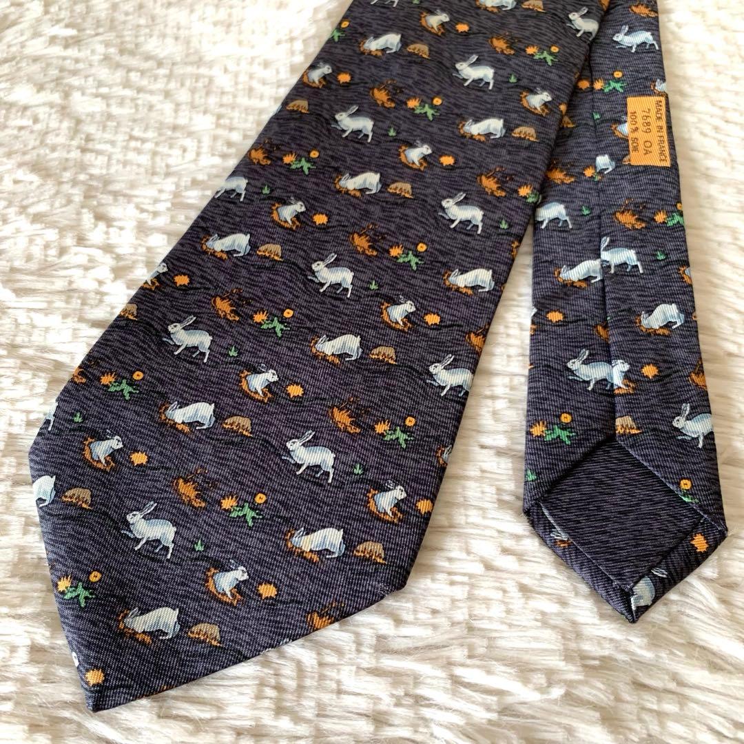 ✨美品✨HERMES エルメス うさぎ柄 動物 ネクタイ ブルー アニマル