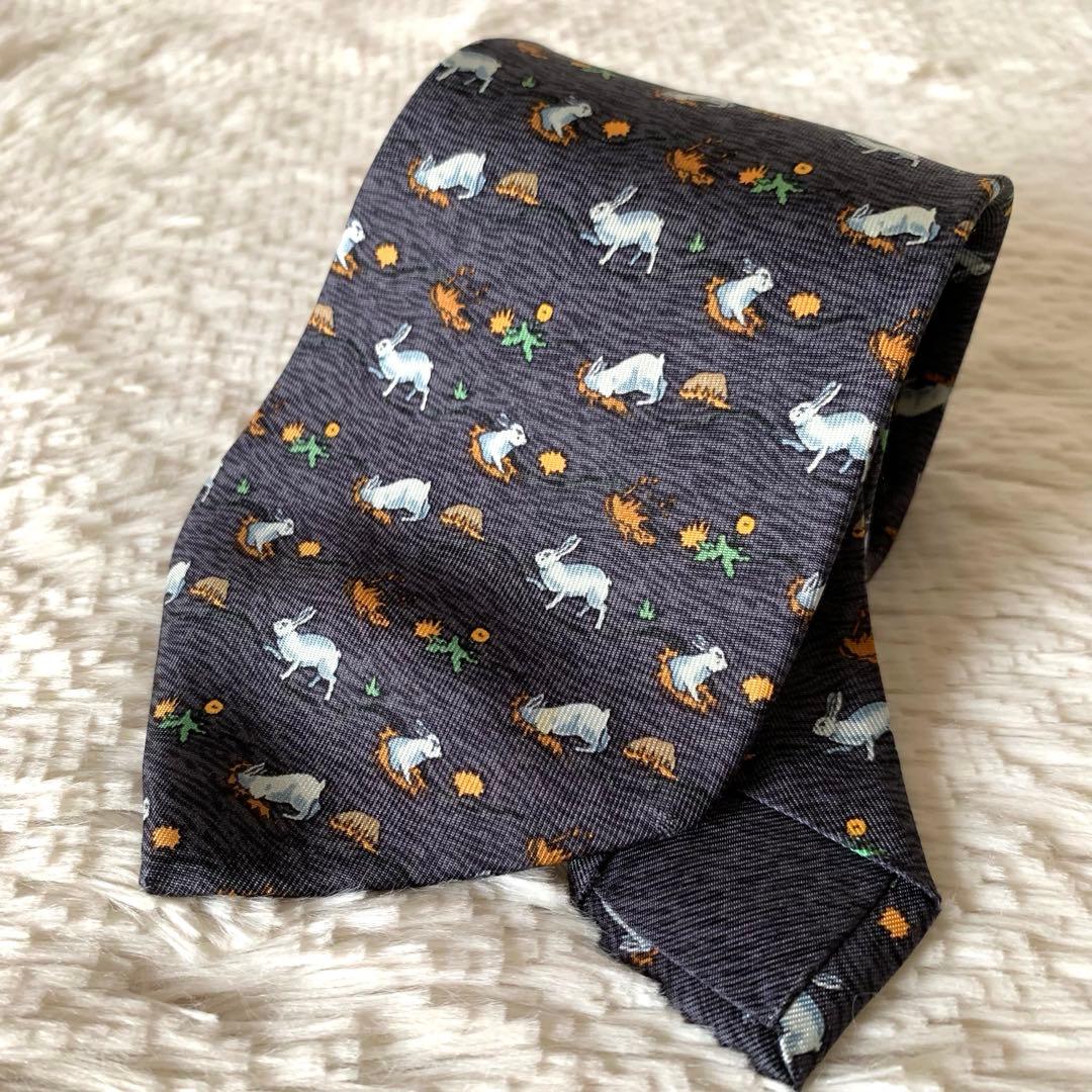 ✨美品✨HERMES エルメス うさぎ柄 動物 ネクタイ ブルー アニマル