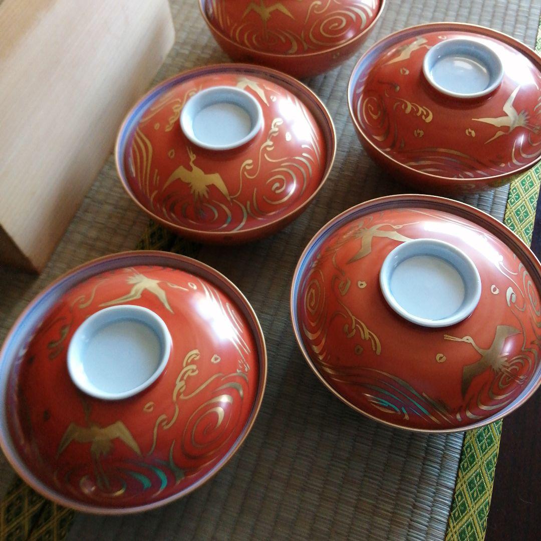 美濃焼　幸兵衛窯　朱赤波鳥煮物碗　5客　16.1cm