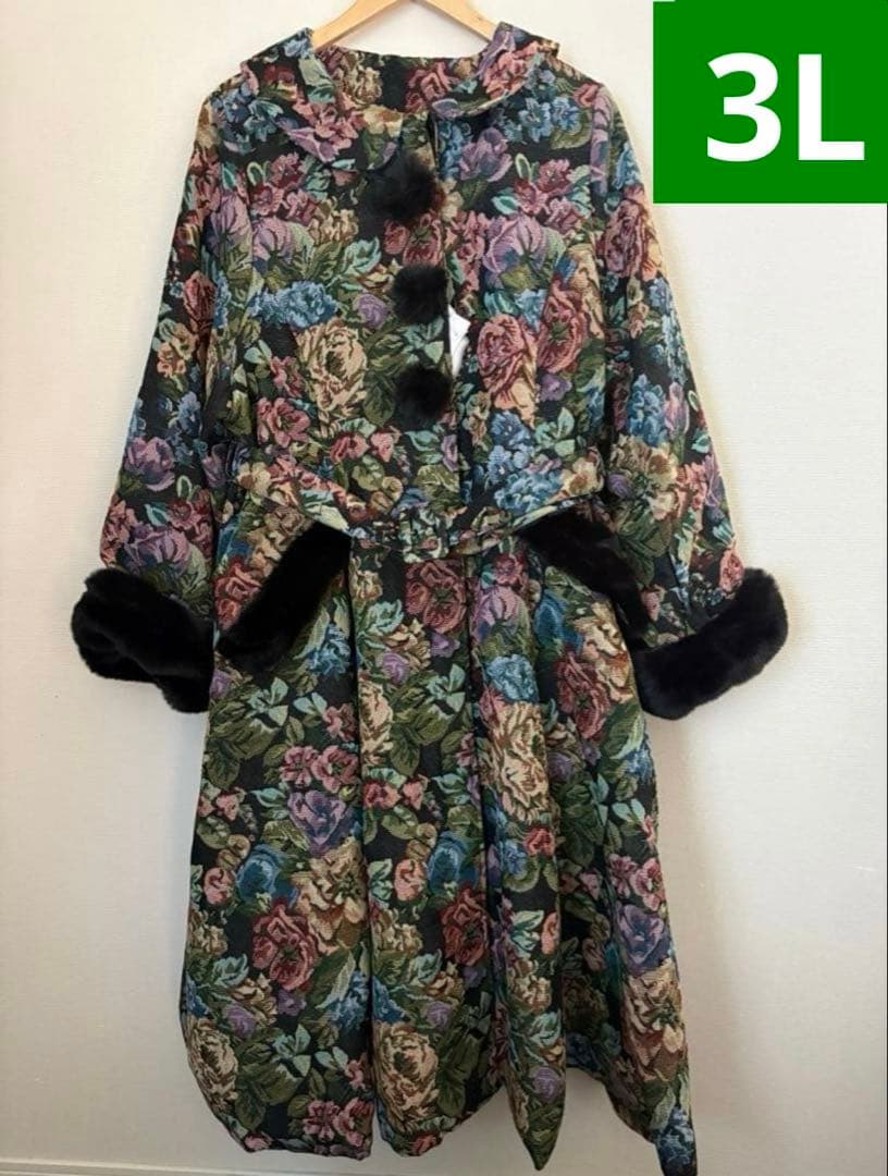【超希少・3L】新品 くる実 しまむら ロングコート ゴブラン 花柄 BLACK