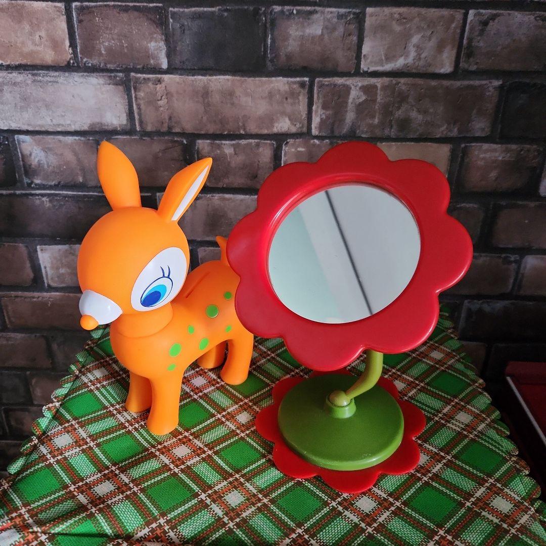 ☘️昭和レトロポップ☘️オレンジ色の子鹿貯金箱&フラワーミラー