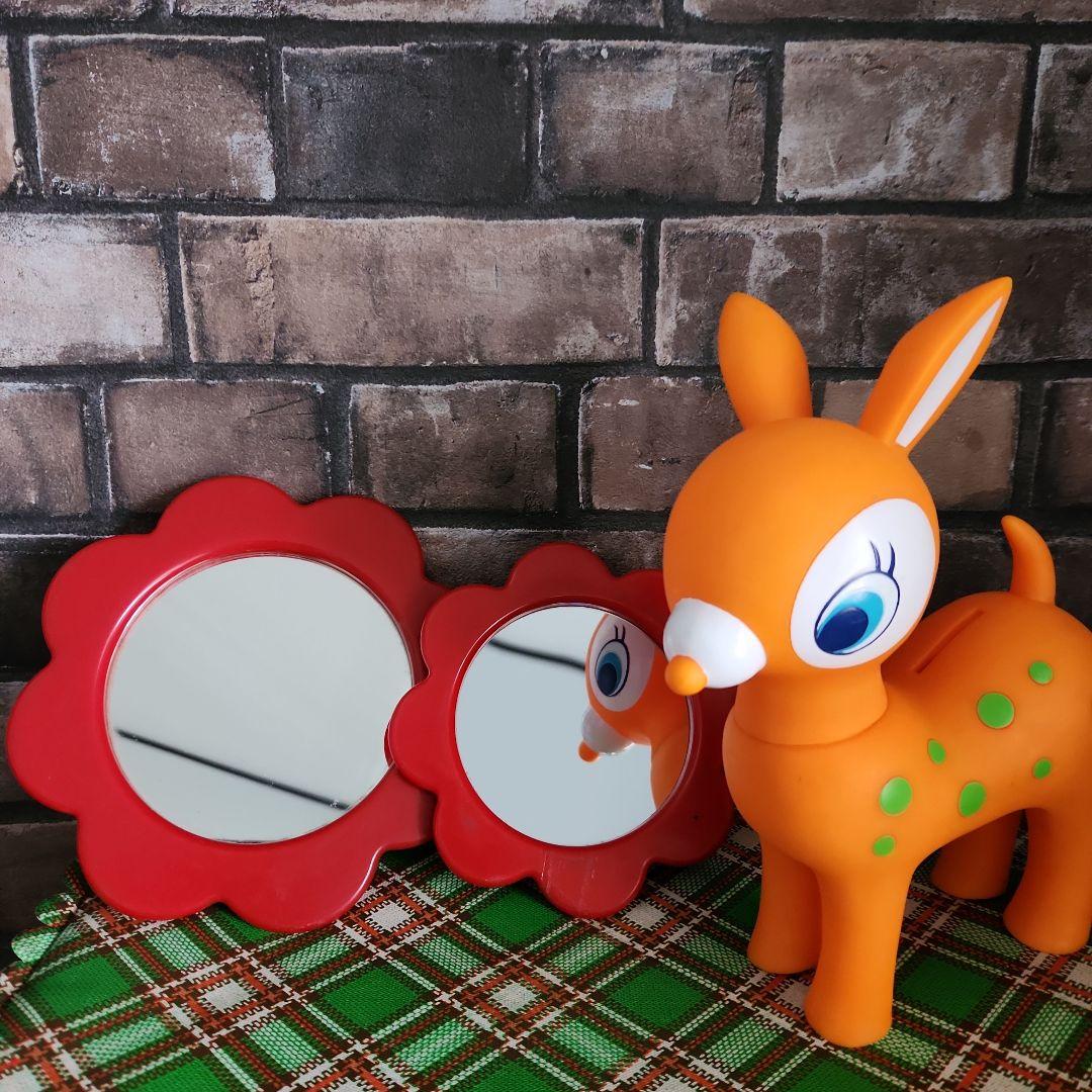 ☘️昭和レトロポップ☘️オレンジ色の子鹿貯金箱&フラワーミラー